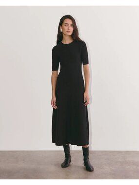Everlane Black Ribbed Short-Sleeve Midi Dress XS Wool Cotton Blend Minimalist